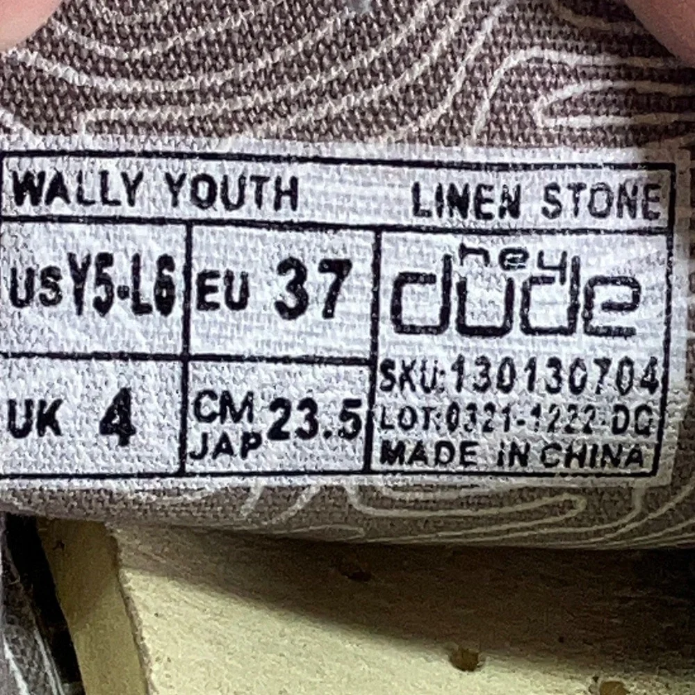 Hey Dude Wally Youth Linen Stone Grey Slip On Loafers Shoes 130130704 Size Y5 L6